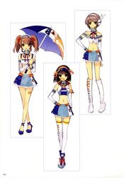  3girls absurdres asahina_mikuru boots brown_eyes brown_hair grey_hair hairband hand_on_hip happy headdress headphones high_heels highres itou_noiji long_hair multiple_girls nagato_yuki ribbon shoes short_hair skirt smile suzumiya_haruhi suzumiya_haruhi_no_yuuutsu tattoo thigh-highs twintails umbrella 