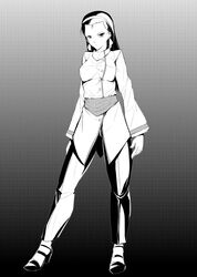  1girl black_hair bowa breasts earrings full_body hairband high_heels jacket jewelry kagura_chizuru king_of_fighters long_hair monochrome pants sash shoes solo 