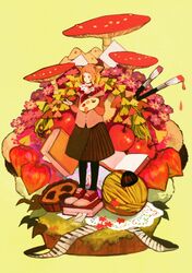  absurdres apple autumn book envelope food fruit highres leaf mushroom music original paintbrush pantyhose piano_keys solo 