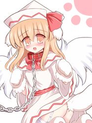  ass blonde_hair blush collar dog_ears dog_tail garter_straps hat kemonomimi_mode lily_white long_hair ry solo tail thigh-highs thighhighs touhou white_legwear white_thighhighs wings yellow_eyes 