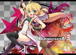  blonde_hair bow burning_arisa fingerless_gloves gloves hair_bobbles hair_bow hair_ornament hair_ribbon long_hair mahou_shoujo_lyrical_nanoha mahou_shoujo_lyrical_nanoha_a's mahou_shoujo_lyrical_nanoha_a's minamura_haruki open_mouth ribbon shoes side_slit solo sword thigh-highs thighhighs uwabaki weapon 