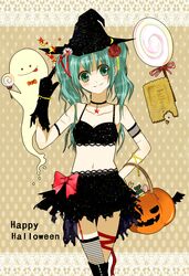  bracelet candy flower garter_straps ghost gloves green_eyes green_hair hair_flower hair_ornament halloween hand_on_hip hat hatsune_miku head_tilt izumi_taiga jewelry lollipop midriff navel necklace smile thigh-highs thighhighs twintails vocaloid witch_hat 