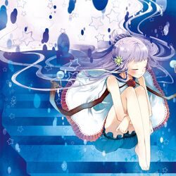  closed_eyes dress feet flower hair_flower hair_ornament kaedena_akino leg_hug long_hair original purple_hair sitting smile solo 