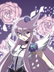  blue_eyes blue_rose bow breasts choker cure_moonlight dress face flower haganemaru_kennosuke hair_flower hair_ornament heart heartcatch_precure! lipstick long_hair magical_girl petals precure purple_hair purple_rose rose solo tsukikage_yuri 