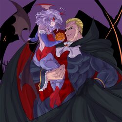  ass bat_wings capcom cape cosplay crossover demitri_maximoff demitri_maximoff_(cosplay) head_wings hokuto_no_ken lilith_aensland lilith_aensland_(cosplay) m.u.g.e.n pantyhose print_pantyhose pumpkin purple_hair red_eyes rekise remilia_scarlet short_hair souther touhou vampire_(game) wings 
