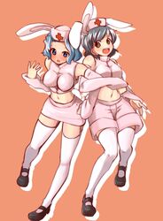  animal_ears black_hair blue_eyes blue_hair bunny_ears hat kumoi_ichirin mary_janes midriff multiple_girls murasa_minamitsu naka_akira navel nurse nurse_cap rabbit_ears shoes short_hair simple_background thigh-highs thighhighs touhou white_legwear white_thighhighs yellow_eyes 
