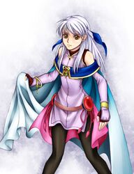  bare_shoulders belt black_pantyhose cape fingerless_gloves fire_emblem fire_emblem:_akatsuki_no_megami gloves hair_ribbon long_hair micaiah pantyhose ribbon silver_hair toranohige_(pixiv) yellow_eyes 