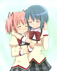  2girls arm_around_shoulder blue_hair closed_eyes earphones hair_ornament hair_ribbon hairclip kaname_madoka lieass mahou_shoujo_madoka_magica miki_sayaka multiple_girls pink_hair plaid plaid_skirt ribbon school_uniform shared_earphones short_hair short_twintails skirt smile twintails 