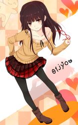  bare_shoulders blush brown_eyes brown_hair character_request glasses highres long_hair no_bra nuko_(mikupantu) pantyhose short_hair skirt solo 