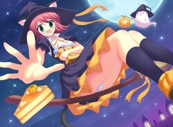  animal_ears catgirl food halloween hat hinata_keiichi moon night panties ribbons stars tail underwear upskirt witch 