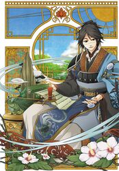  bamboo_scroll black_hair blue_sky chinese_clothes cloud clouds flower hanfu male original rukira scroll short_hair sitting sky solo taikakiden tree turtle window 