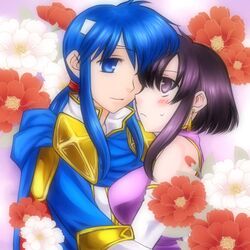  1girl 74 armor blue_eyes blue_hair blush cape celice celice_(fire_emblem) couple earrings elbow_gloves fire_emblem fire_emblem:_seisen_no_keifu flower gloves hug jewelry lakche lakche_(fire_emblem) purple_eyes purple_hair short_hair sweatdrop violet_eyes 
