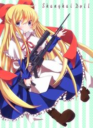  1girl blonde_hair blue_eyes frills gun hair_ribbon highres long_hair ribbon rifle shanghai_doll sniper_rifle solo touhou very_long_hair weapon y_chan6262 