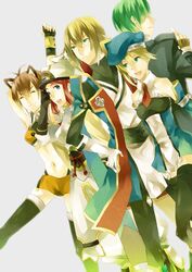  blazblue blonde_hair blue_eyes brown_hair closed_eyes fujino_sato green_eyes green_hair hat hazama highres jin_kisaragi makoto_nanaya noel_vermillion red_hair redhead thighhighs tsubaki_yayoi 