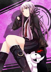  1girl adjusting_hair braid dangan_ronpa frown gloves hair_ribbon jacket kirigiri_kyouko long_hair monokuma necktie purple_hair ram_hachimin ribbon shadow sweat violet_eyes 