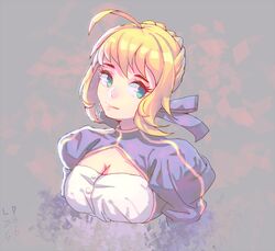  1girl ahoge blonde_hair dongfangzhong111 dress fate/stay_night fate_(series) green_eyes hair_ribbon ribbon saber solo 