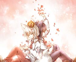  animal_ears black_hair cat_ears cat_tail closed_eyes crown fox_ears fox_tail keluy original petals tail white_hair 