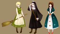  apple apron bad_id bag bird blonde_hair blue_eyes broom brown_hair chumumu dress food fruit green_eyes hair_ribbon idoko long_hair marchen multiple_girls nun nun_(marchen) pigeon princess red_eyes ribbon schneewittchen sound_horizon white_hair 