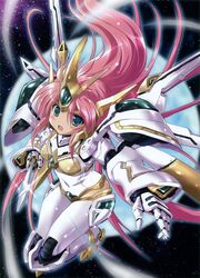  blush green_eyes highres komatsu_eiji long_hair mecha mecha_musume open_mouth pink_hair solo super_robot_wars super_robot_wars_original_generation super_robot_wars_the_lord_of_elemental sword valsione valsione_r weapon 
