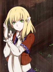  1girl blonde_hair green_eyes julius_yu mizuhashi_parsee pointy_ears rain scarf solo touhou 