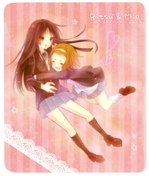  bad_id black_eyes black_hair brown_hair closed_eyes eyes_closed hairband hug k-on! long_hair school_uniform shindo_meruko short_hair tainaka_ritsu 