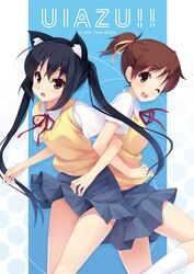  animal_ears black_hair brown_eyes brown_hair cat_ears hairband hirasawa_ui k-on! long_hair multiple_girls nakano_azusa ponytail red_eyes school_uniform senji_(tegone_spike) short_hair twintails 