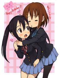  2girls black_hair blush brown_eyes brown_hair female hasesese hirasawa_yui hug incipient_kiss incoming_kiss k-on! long_hair multiple_girls nakano_azusa pantyhose short_hair twintails yuri 