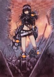  armor belt blackball checkered checkered_background glowing midriff navel original purple_eyes ruins short_hair shorts solo violet_eyes weapon 