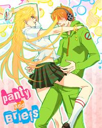  back_lace brief brief_(character) brief_(psg) couple footwear hair_over_eyes jewelry jumpsuit orange_hair panty_&amp;_stocking_with_garterbelt panty_(character) panty_(psg) plaid pleated_skirt setokazuki_(seto0717) skirt socks tartan 