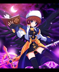  blue_eyes book brown_hair cross_(artist) cross_(crossryou) legs lyrical_nanoha mahou_shoujo_lyrical_nanoha mahou_shoujo_lyrical_nanoha_strikers schwertkreuz short_hair solo staff thighhighs tome_of_the_night_sky yagami_hayate 