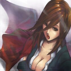  blood breasts brown_eyes brown_hair cleavage genderswap guilty_gear long_hair slayer slayer_(guilty_gear) solo tara_(trsm_monac) tongue 