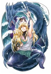  armpits blonde_hair bracer breasts brown_hair cleavage closed_eyes dragon eyes_closed face grin head highres jewelry long_hair mermaid monster_girl multiple_girls original pendant polearm rikune scarf shell shield smile spear trident urn vase water waves weapon yellow_eyes 