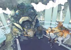  bird blonde_hair cat creature izumi_luna_(akitsu_taira) long_hair original road road_sign sign solo thighhighs turtle water waterfall 