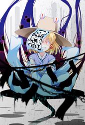  alternate_costume blonde_hair blue_dress chain chains crazy_eyes crazy_smile detached_sleeves dress grin hair_ribbon hat highres japanese_clothes long_sleeves moriya_suwako rain red_eyes ribbon smile solo touhou tri 