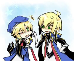  angry bad_id beret blazblue blonde_hair cheek_pinch cheek_pinching gloves green_eyes hat jin_kisaragi kisaragi_jin lowres noel_vermillion pinch pinching rate_(aok1) uniform wince 