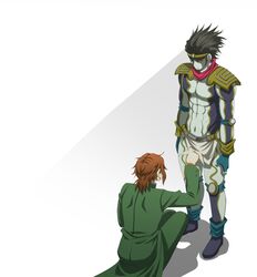 2boys black_hair brown_hair gakuran jojo_no_kimyou_na_bouken kakyouin_noriaki loincloth long_hair miyanami_yuuki multiple_boys parody school_uniform star_platinum 