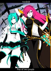  aqua_eyes aqua_hair breasts cartridge flapper_shirt gun hatsune_miku highres koi_wa_sensou_(vocaloid) long_hair megaphone megurine_luka necktie nuko_(mikupantu) pink_eyes pink_hair red_string skirt string thigh-highs thighhighs twintails under_boob underboob very_long_hair vocaloid weapon zettai_ryouiki 