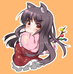  1girl animal_ears black_hair branch cat_ears chibi eyebrows houraisan_kaguya japanese_clothes jeweled_branch_of_hourai kemonomimi_mode long_hair megawatt red_eyes skirt solo touhou wide_sleeves 