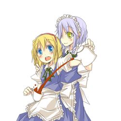  alice_margatroid alternate_costume blonde_hair blue_eyes decantering enmaided izayoi_sakuya lavender_hair maid multiple_girls natsuk pouring silver_hair touhou yellow_eyes yuri 
