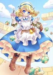  ?_block apron bad_id basket blonde_hair blue_eyes boots farmer_(sekaiju) gloves highres hotei_kazuha mushroom sekaiju_no_meikyuu sekaiju_no_meikyuu_3 short_hair super_mario_bros. 