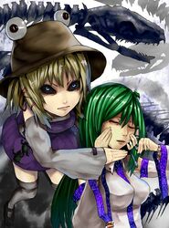  2girls blonde_hair blue_eyes detached_sleeves eyes frog green_hair hair_ornament hat kochiya_sanae long_hair moriya_suwako multiple_girls short_hair snake thigh-highs thighhighs touhou white_legwear white_thighhighs yakan_7 