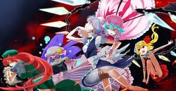  barefoot book flandre_scarlet highres holster hong_meiling izayoi_sakuya multiple_girls open_mouth patchouli_knowledge remilia_scarlet single_shoe the_embodiment_of_scarlet_devil thigh_holster touhou wings yamada_ranga 