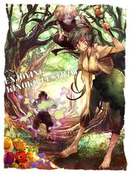  :q bad_id barefoot copyright_request feet food forest highres japanese_clothes mushroom nature oooocha tongue 