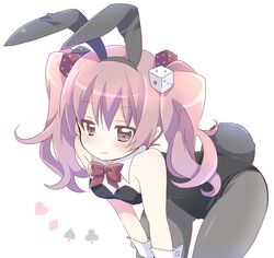  1girl animal_ears bent_over bowtie brown_eyes bunny_tail bunnysuit detached_collar dice neneko-n original pantyhose pink_hair rabbit_ears tail twintails wrist_cuffs 