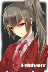 belphegor black_hair hoe_satsuki long_hair necktie ponytail red_eyes satsuki_(artist) side_ponytail smile solo stakes_of_purgatory umineko_no_naku_koro_ni 