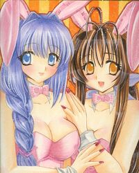  2girls blue_eyes blue_hair bowtie braid breasts brown_eyes brown_hair bunny_ears bunny_girl bunnygirl bunnysuit clannad cleavage crossover furukawa_sanae hug kanon long_hair milf minase_akiko mitsuba_(threeleaf) multiple_girls nail_polish ponytail traditional_media yuri 