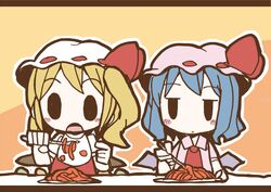  2girls adomi blonde_hair blue_hair comic flandre_scarlet food fork hat hat_ribbon millipen_(medium) multiple_girls remilia_scarlet ribbon siblings sisters touhou traditional_media 