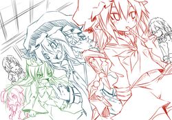  bow carrot closed_eyes eyes_closed fangs flandre_scarlet houraisan_kaguya inaba_tewi izayoi_sakuya lineart maid maid_headdress middle_finger noya noya_makoto party_whistle remilia_scarlet school_uniform serafuku sketch star sweatdrop touhou work_in_progress yagokoro_eirin 