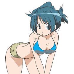  breasts cleavage green_eyes green_hair nemuro_nao o3o original short_hair shorts solo 
