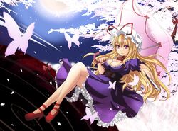  blonde_hair breasts butterfly cherry_blossoms cleavage corset crossed_legs dress gap hat high_heels long_hair moon purple_eyes shinjitsu207 shinjitsu_(true_ride) shoes sitting solo touhou umbrella violet_eyes yakumo_yukari 